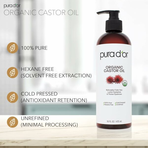 PURA D'OR 16 Oz ORGANIC Castor Oil - 100% Pure - Image 2