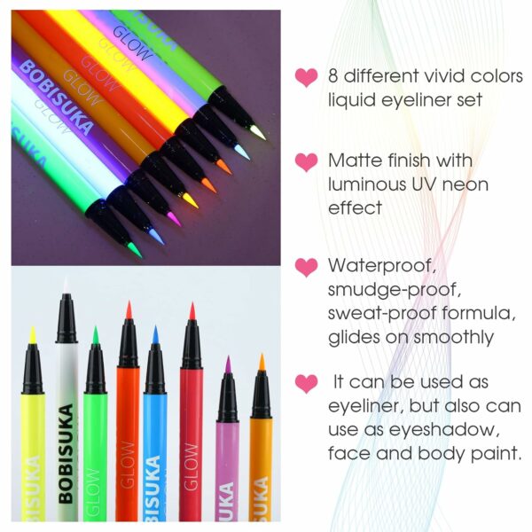 BOBISUKA 8 Colors UV Neon Liquid Eyeliner Set, - Image 3